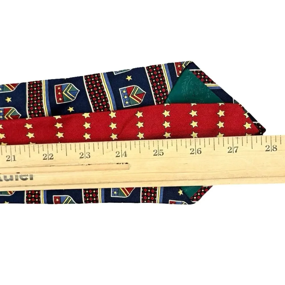 Vintage Tommy Hilfiger Shield Crest Logo 100% Silk Blue Red Stars Tie Necktie